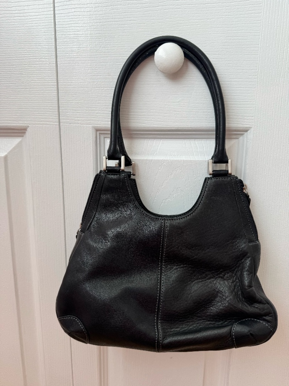 Tignanello Black Genuine Leather Hobo Shoulder Bag Purse Silver Hardware